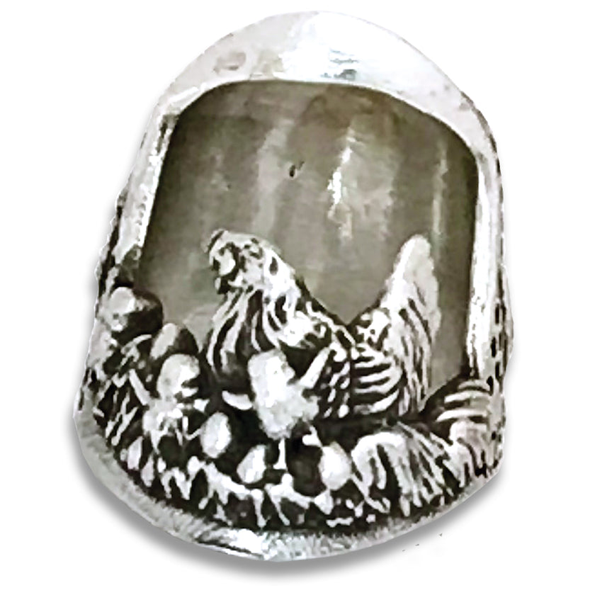 Chicken, Hen, Rooster Thimble in sterling silver featuring detailed chicken designs for sewing enthusiasts.