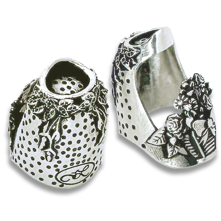 Flower Basket Thimble made of sterling silver, featuring floral designs and ergonomic shape for comfortable sewing.