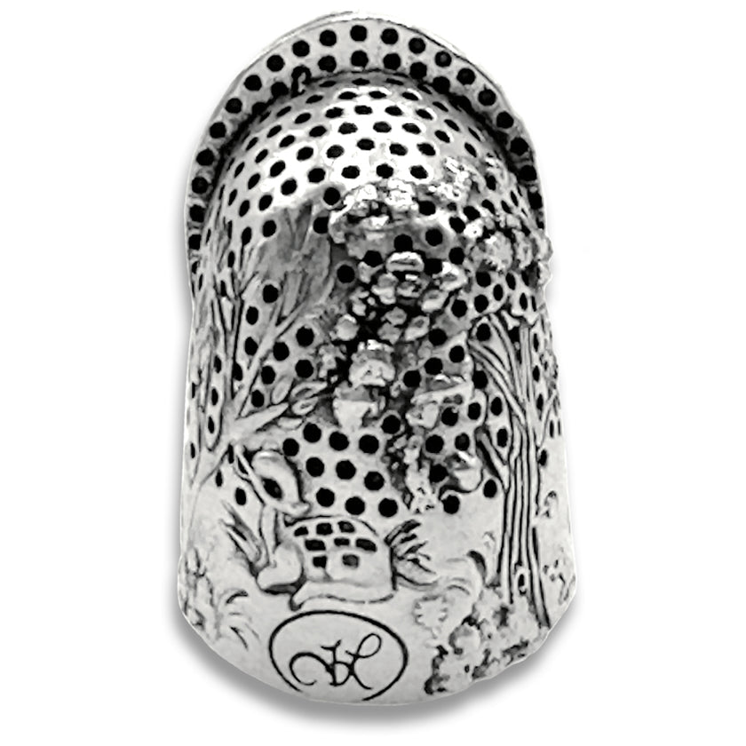 Woodland Fox thimble in sterling silver featuring intricate nature design with trees and animals.