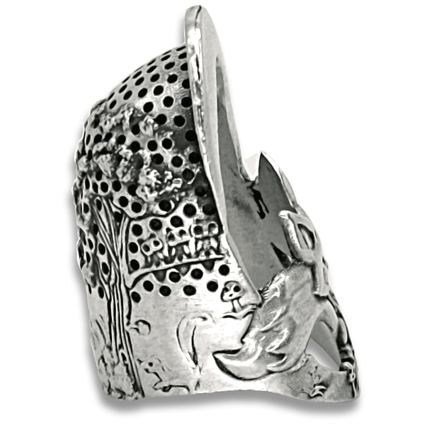 Side view of a Woodland Fox thimble crafted from sterling silver, featuring detailed forest designs.