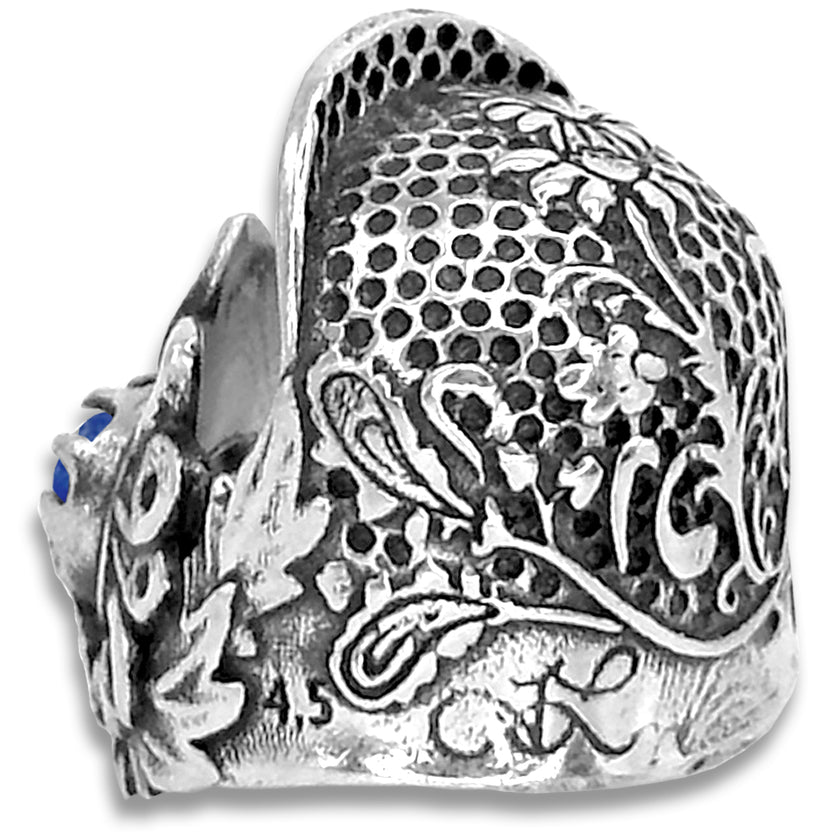 Jacobean Thimble with Gemstone showcasing intricate floral design in solid sterling silver, ideal for sewing enthusiasts.