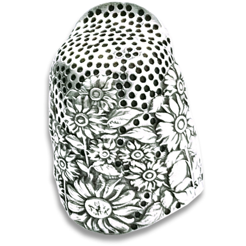 Sunflower Thimble featuring intricate flower designs, perfect for quilting and sewing with heirloom quality craftsmanship.