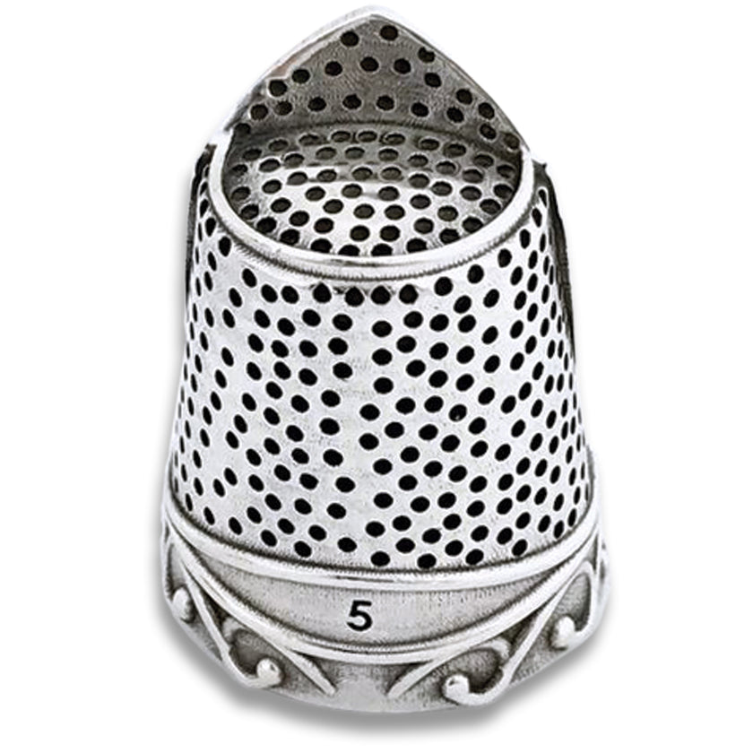 Swan Thimble made of sterling silver, featuring a unique design with a quilt rim and nail guard for sewing.