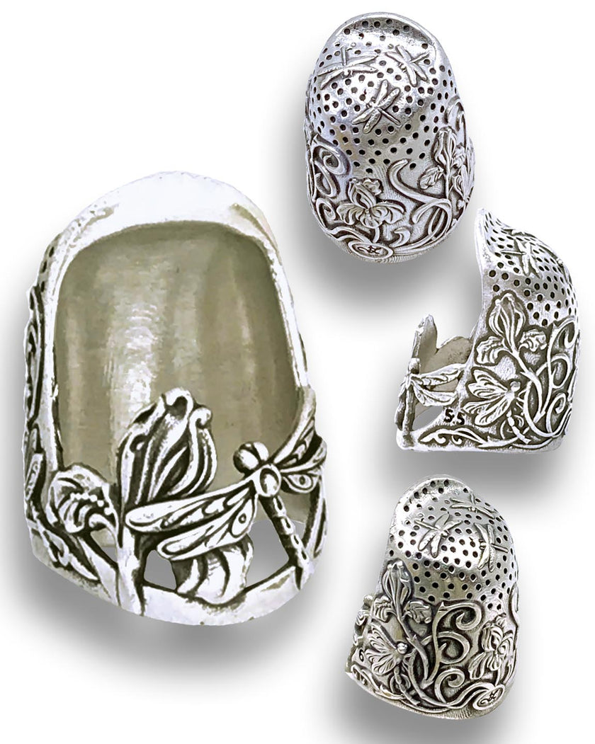 Dragonfly and Iris Thimble featuring intricate dragonfly and iris designs in sterling silver, ideal for thimble collecting.