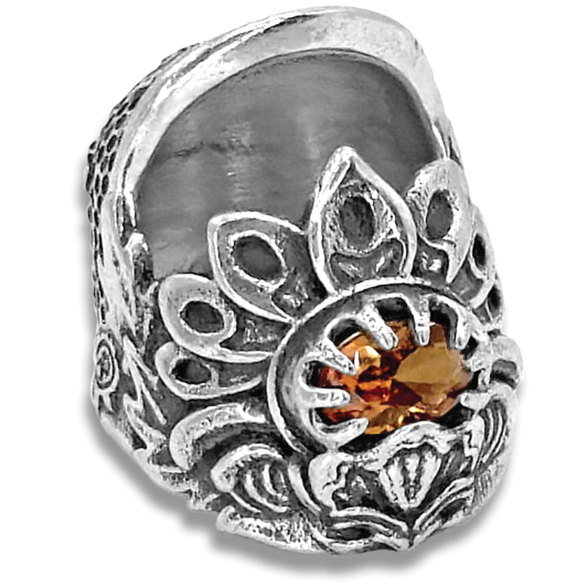 Jacobean Thimble with Gemstone featuring an ornate floral design and a sparkling gemstone, perfect for thimble collections.