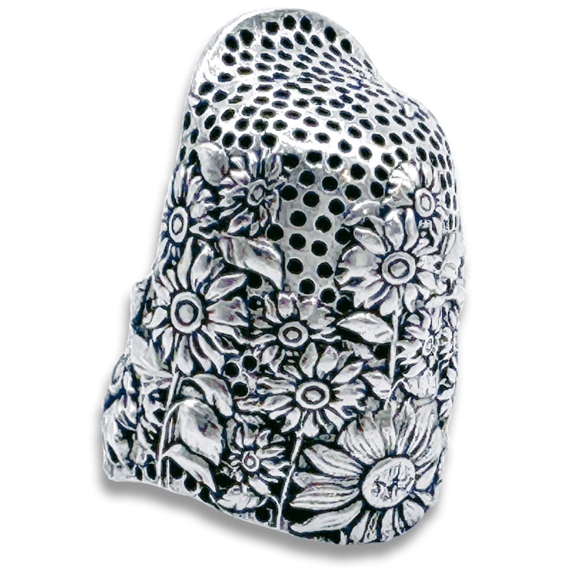 Sunflower Thimble designed for quilters, showcasing intricate sunflower patterns and made from sterling silver.