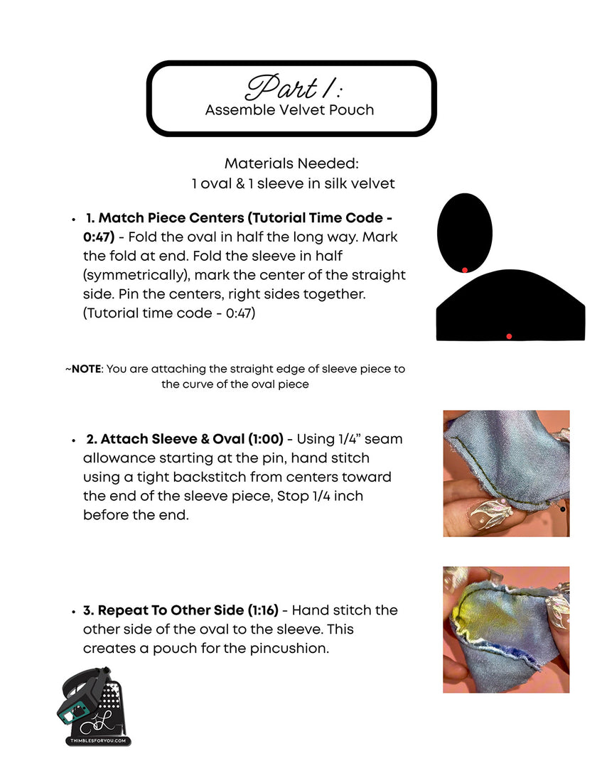 Pincushion Purse Chatelaine Cushion Pattern tutorial for assembling a velvet pouch with materials needed.