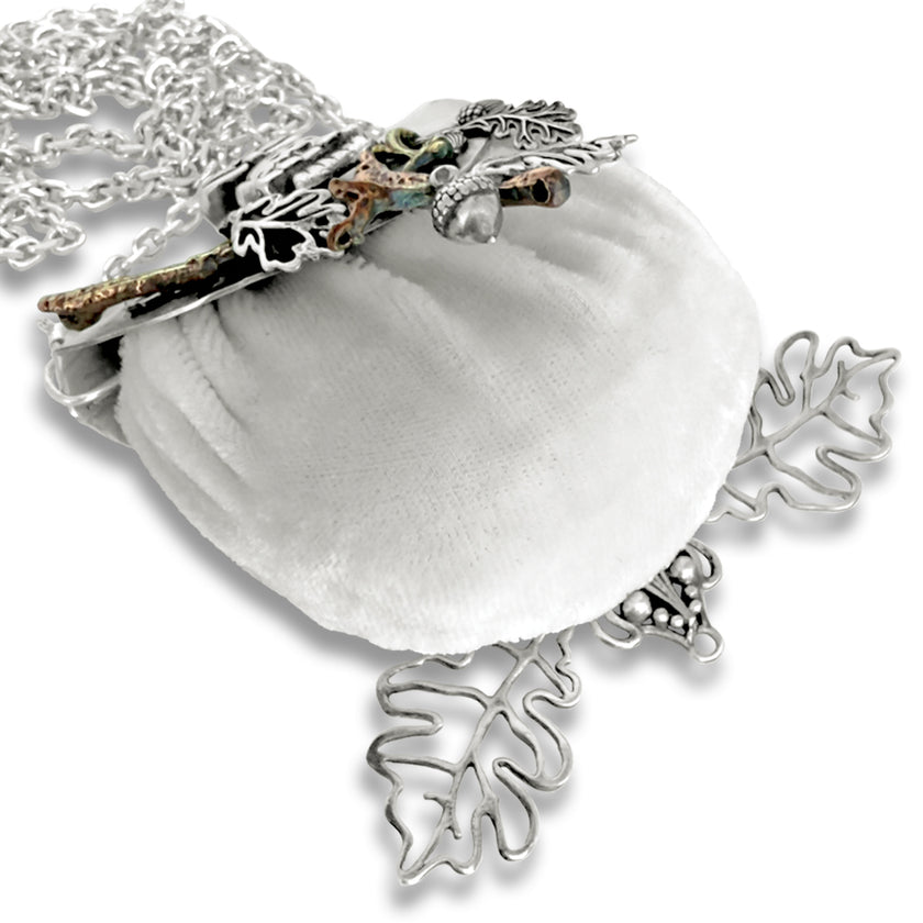 Big Owl & Copper Tree pincushion purse with sterling silver chain and leaf design, perfect for sewing tools and accessories.