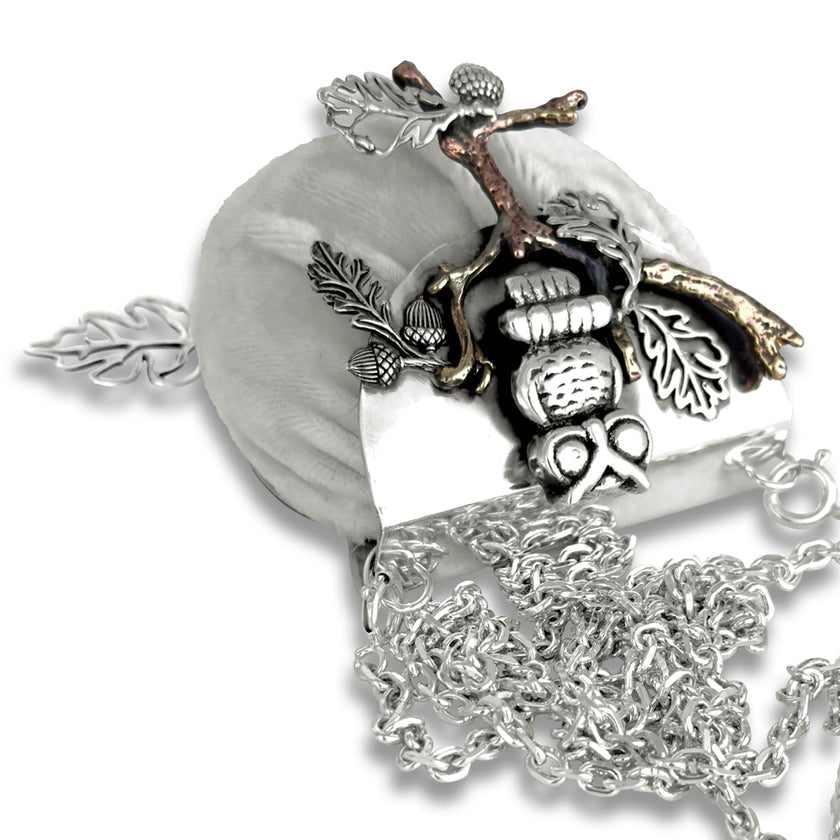 Big Owl & Copper Tree pincushion purse with sterling silver design and removable silk velvet cushion.