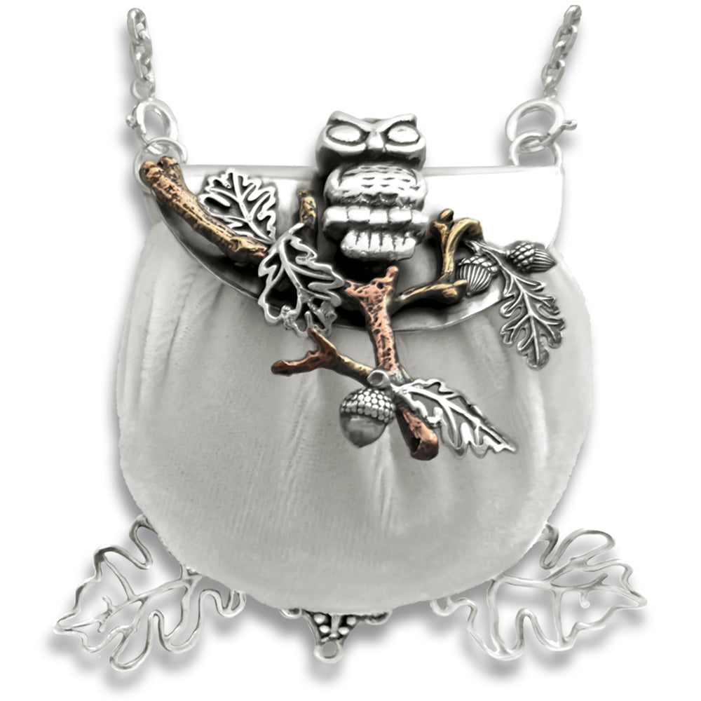 Big Owl & Copper Tree pincushion purse chatelaine with sterling silver owl and velvet cushion for sewing tools.