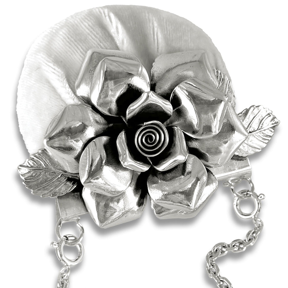 Big Rose pincushion purse chatelaine with silver accents and removable silk velvet cushion for sewing tools.