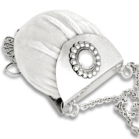 Button pincushion purse crafted with sterling silver and silk velvet, perfect for sewing tools and accessories.