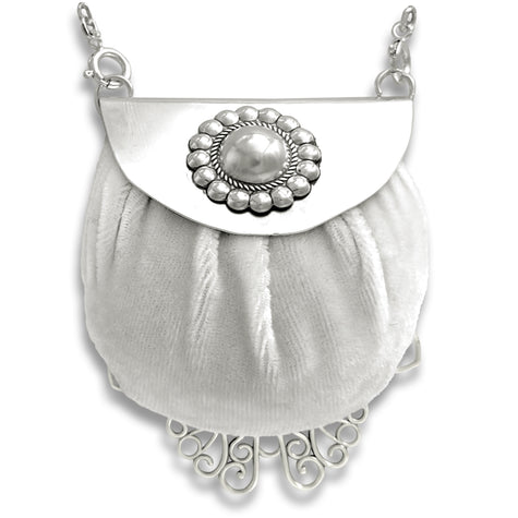 Button Pincushion Purse Chatelaine in sterling silver with removable silk velvet cushion and thimble accessories.