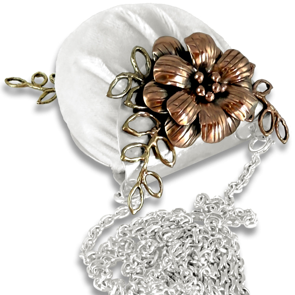 Copperflowers and Leaves Pincushion Purse with sterling silver chain and silk velvet cushion, perfect for sewing tools.