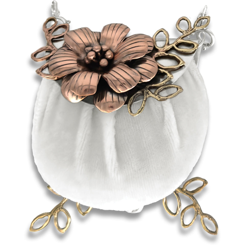 Copperflowers and Leaves pincushion purse with sterling silver floral design and removable silk velvet cushion.