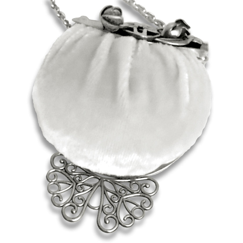 Cross Pincushion Purse in silk velvet with sterling silver chatelaine for sewing tools and accessories.