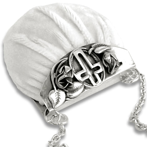 Cross Pincushion Purse Chatelaine with sterling silver design and removable silk velvet cushion for sewing tools.