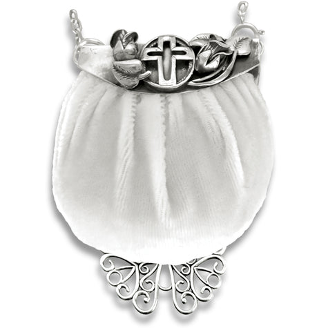 Cross Pincushion Purse Chatelaine with sterling silver accents, removable silk velvet cushion, and loops for sewing tools.