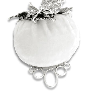 Dragonflies pincushion purse in white silk velvet with sterling silver charms and tool loops for sewing accessories.