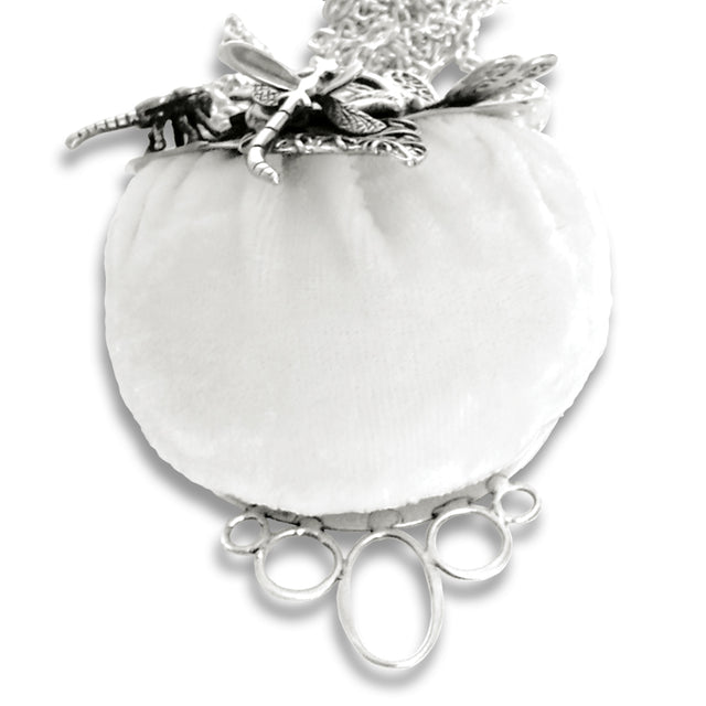 Dragonflies pincushion purse in white silk velvet with sterling silver charms and tool loops for sewing accessories.