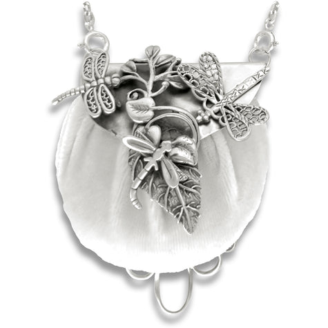 Pincushion Purse Chatelaine featuring Dragonflies in sterling silver with removable velvet cushion for sewing essentials.