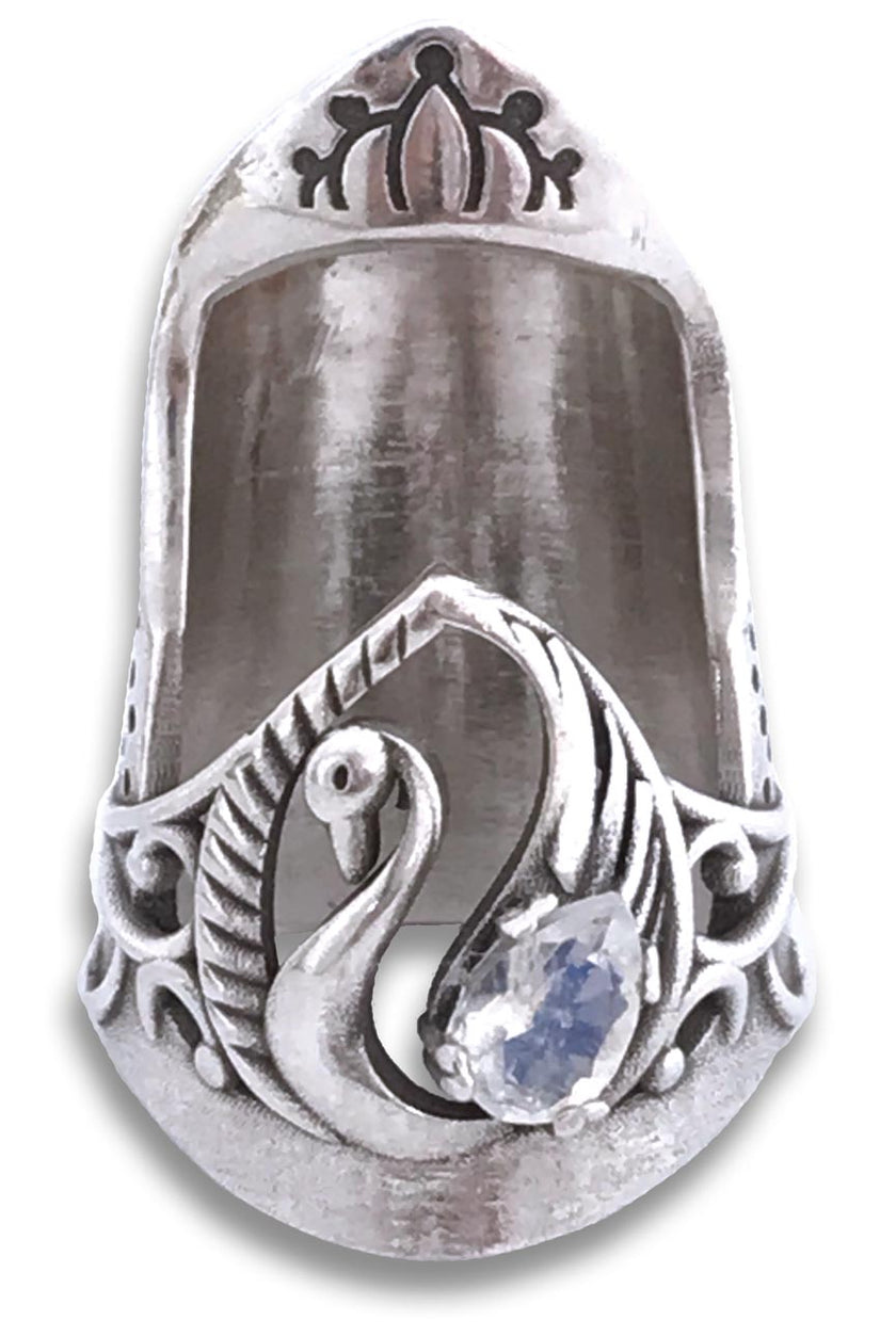 Swan Thimble featuring intricate sterling silver design and pear-shaped gem embellishment, ideal for sewing.