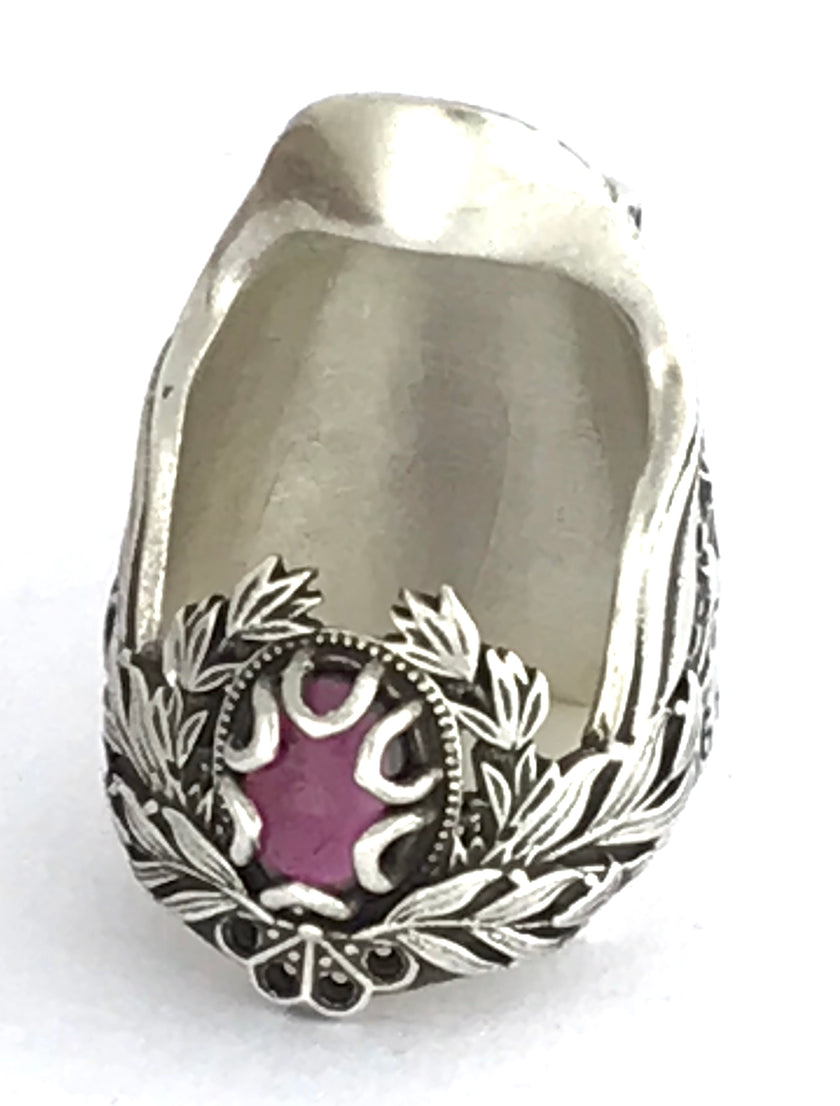 Lily of the Valley Gem Thimble in sterling silver with foliage design and purple gemstone, perfect for thimble collecting.