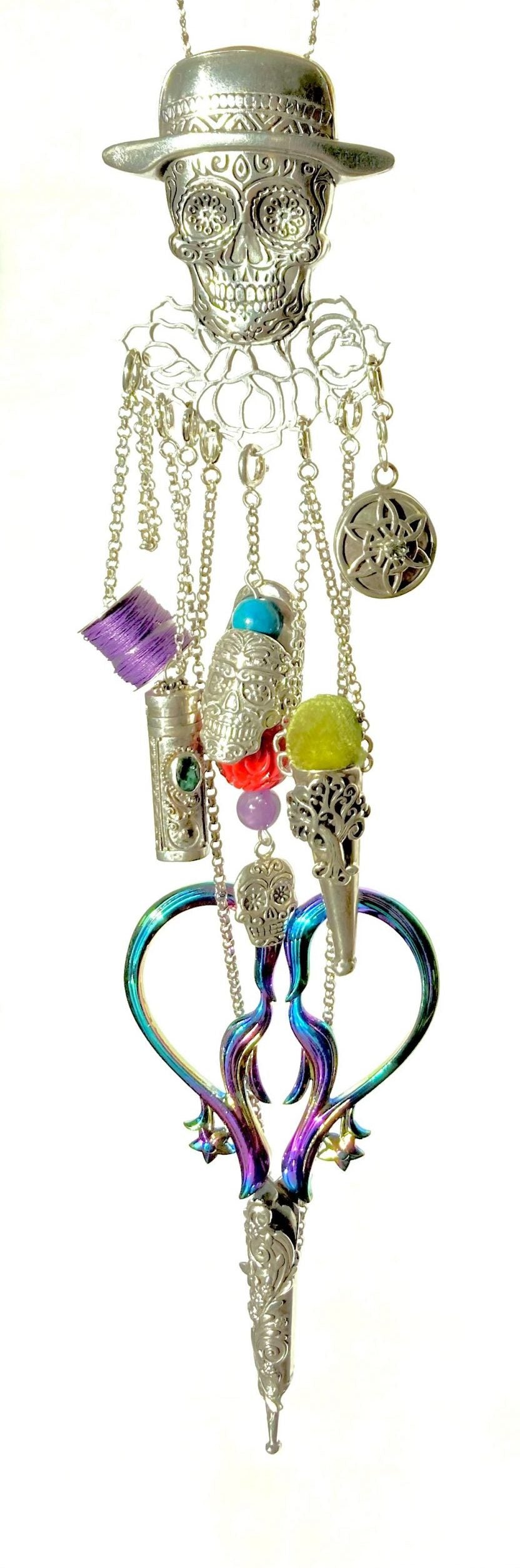 Sugar Skull Chatelaine with rose collar and top hat, featuring sterling silver thimbles and craft tools for sewers.