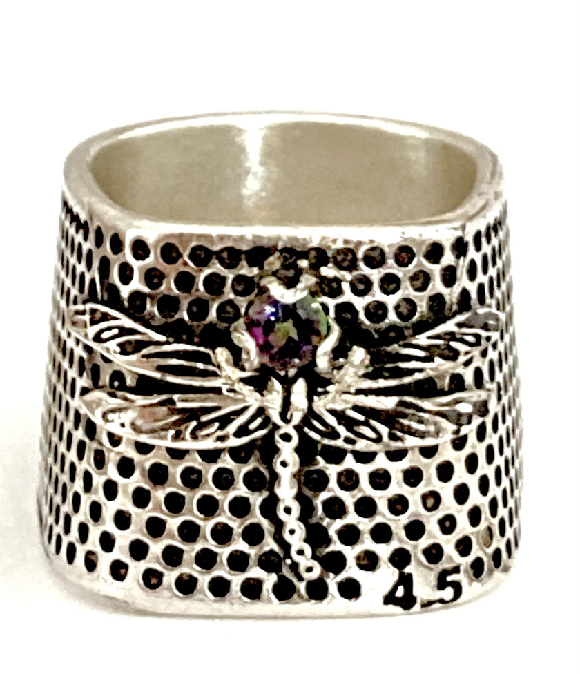 Dragonfly Tailor's Thimble with Gemstone featuring sterling silver design and intricate dragonfly decoration.