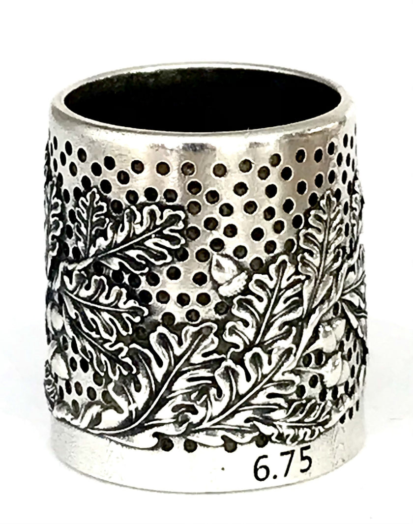 Fall Oak Leaves Tailor's Thimble in sterling silver with intricate leaf designs and open top for comfort.