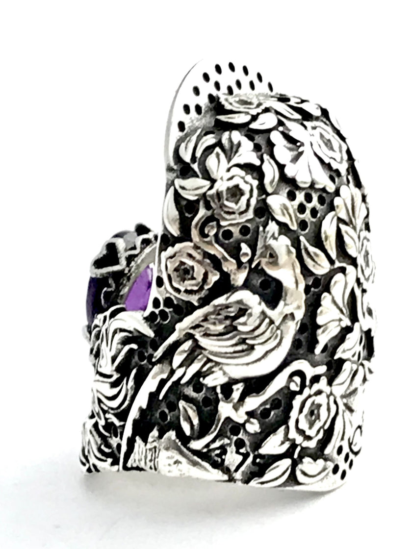Peacock Thimble, with Gem showcasing intricate sterling silver design and detailed floral patterns.