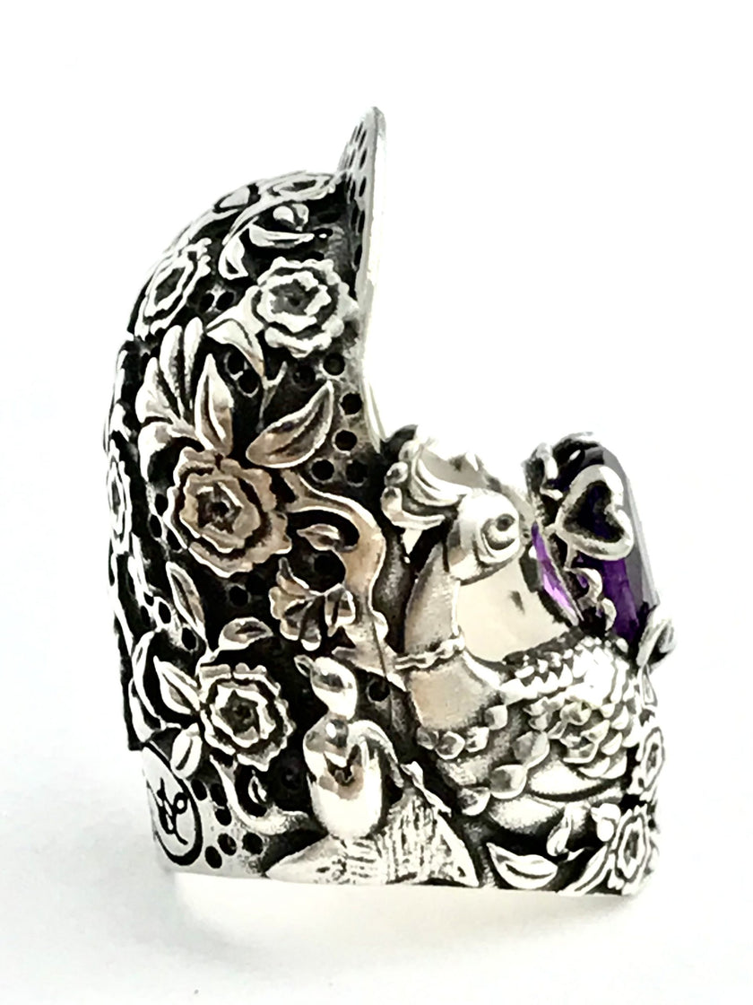 Peacock Thimble, with Gem in sterling silver, intricate floral design, perfect for sewing and thimble collections.