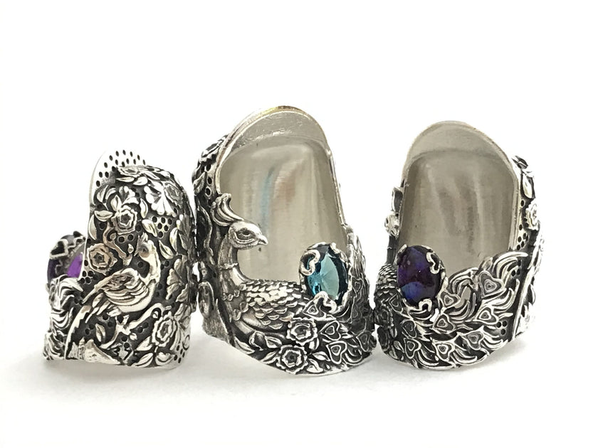 Peacock Thimble, with Gem, handcrafted sterling silver thimbles with intricate designs, perfect for thimble collections.
