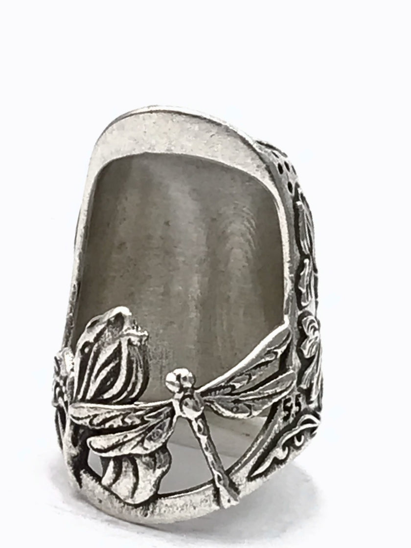 Dragonfly and Iris Thimble featuring intricate dragonfly and iris designs on a solid sterling silver thimble.