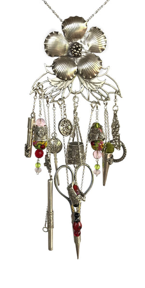 Big Daisy Chatelaine designed for sewing tools, featuring artisan silver detail and thimble accessories.