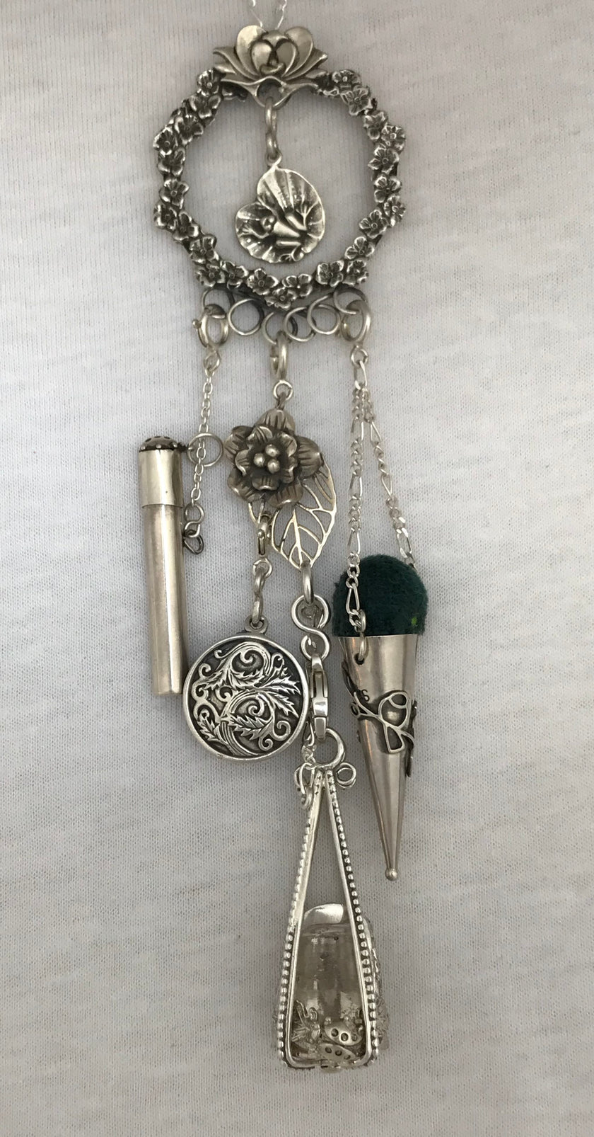 Buttercup Chatelaine featuring sterling silver thimbles and decorative thimble accessories for sewing enthusiasts.