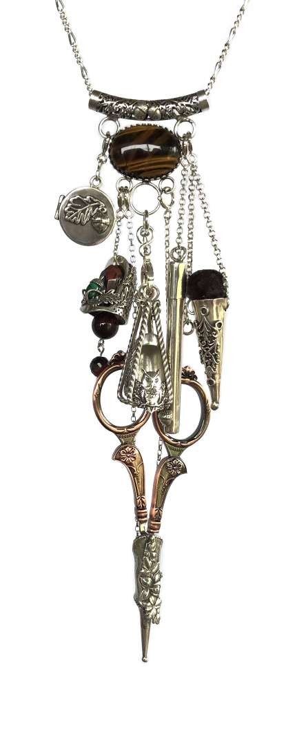 Acorn Tube Slide Chatelaine featuring elegant thimbles and tiger eye gemstone, perfect for sewing enthusiasts and collectors.